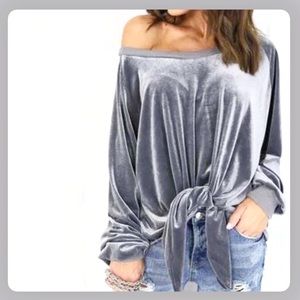 AMY Gray Velvet Tie Waist Long Sleeve Pullover Top